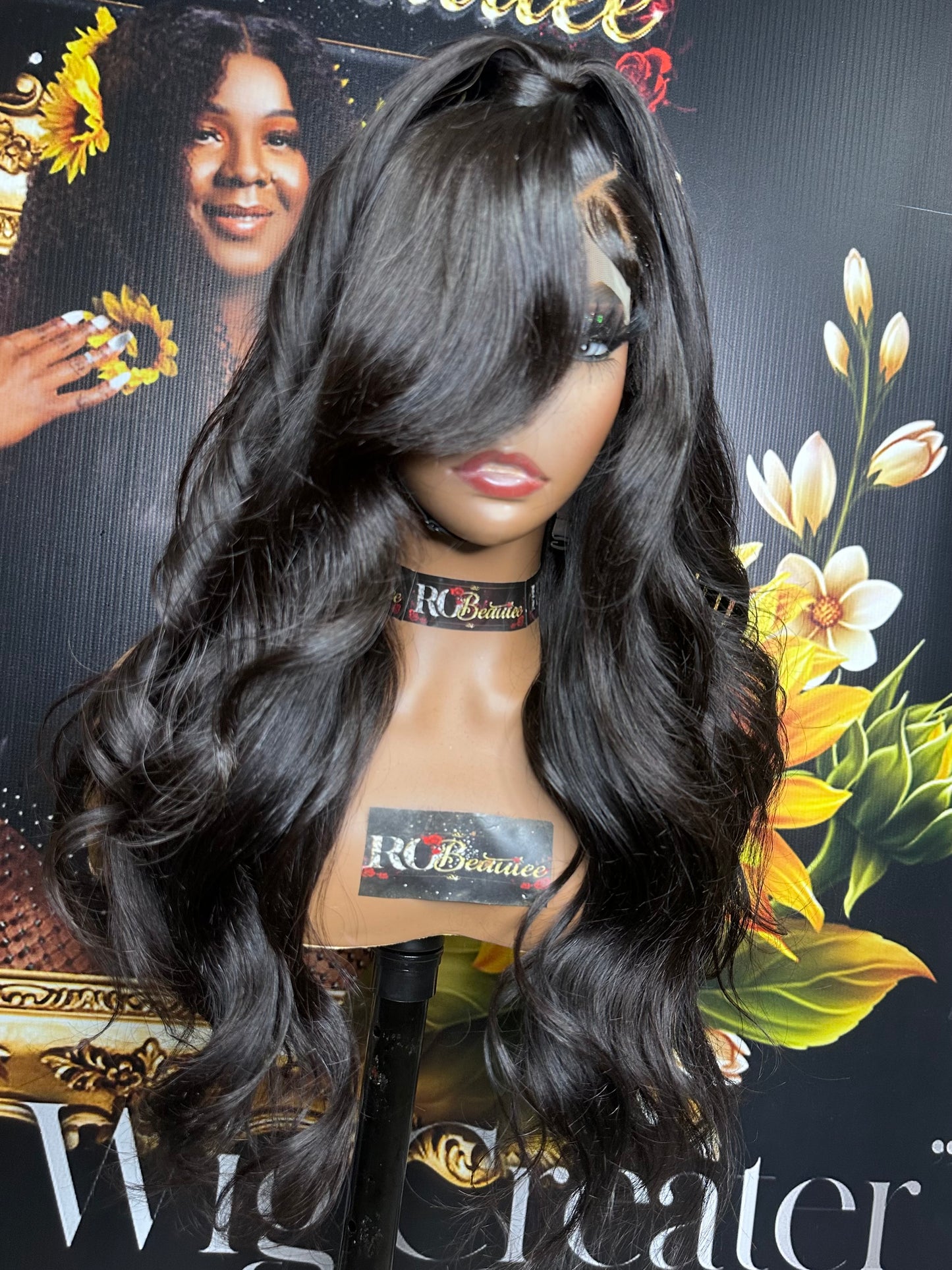 Wavy long haired brunette wig.